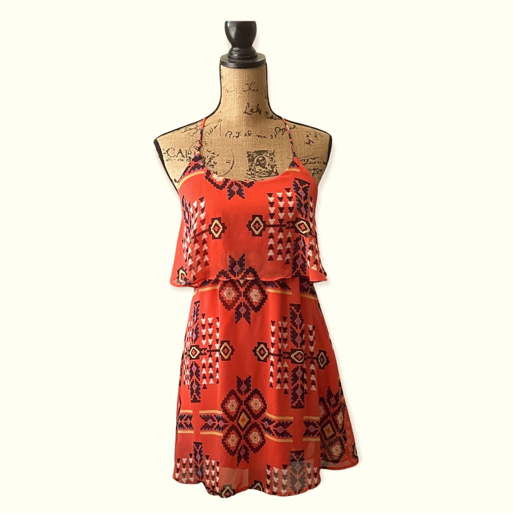 GB Orange Aztec Print Sleeveless Strappy Mini Dress Size XS